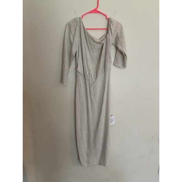 New ASOS Woman's 6 Linen Dress Beigh Tan Midi Off Shoulder Asymmetrical Sleeve - Picture 1 of 6